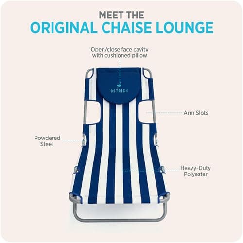 Ostrich The Original Chaise Lounge Portable Reclining Beach Chair, Blue Stripe - Bundled with Custom Fitted Towel Cover, White