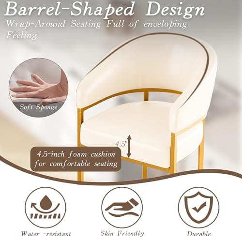 Modern Counter Height Bar Stools,Bar Stools Set of 3,PU Leather Upholstered Barrel Barstools with Backs,26" Kitchen Island Chairs,Metal Gold Frames,Beige White Leather