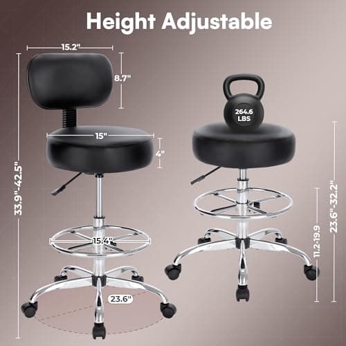 SUPERJARE Drafting Chair with Back, Adjustable Foot Rest Rolling Stool, Multi-Purpose Office Desk Chair, Thick Seat Cushion for Home Bar Kitchen Shop - Black
