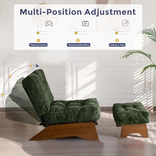 MAXYOYO Accent Chair with Ottoman Adjustable Backrest, Tufted Living Room Chair Upholstered Lounge Chair with Footrest Set, Modern Chair Cozy Reclining Chair for Reading Room, Green