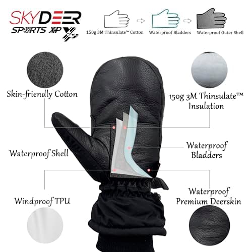SKYDEER Waterproof Premium Deerskin Leather Ski Mittens with 150G 3M Thinsulate, Ultra Soft & Durable & Warm (SD8650M)