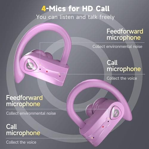 Bluetooth Headphones Noise Canceling 4 Mics Clear Call Stereo Bass Sound 60H Playtime Wireless Charging Case Over Ear Earphones LED Digital Display Headset with Earhooks for Sports Running Workout Gym