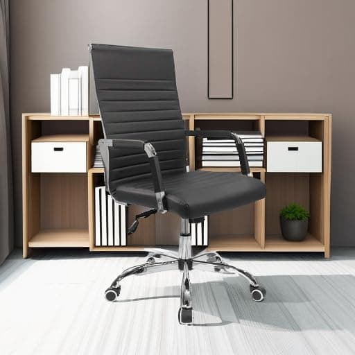Furmax Ergonomic Office Desk Chair, Executive Ribbed Mid-Back PU Leather Conference Room Chair Adjustable Swivel Chair with Arms (1, Black)