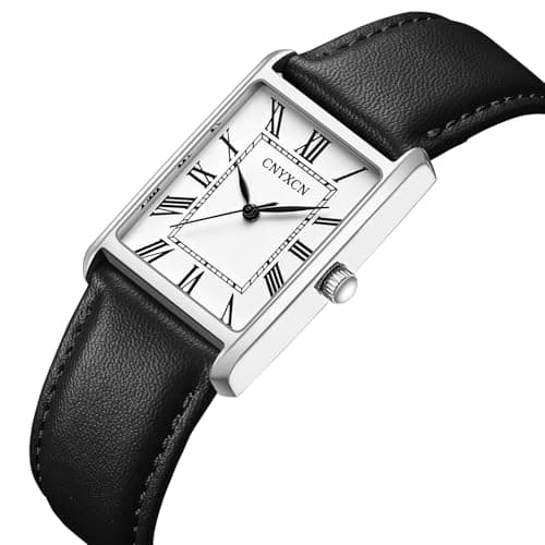 CNYXCN Business Watches for Men,Minimalist Simple Wrist Watch Analog Quartz-Rectangle Roman Numerals Dial,Comfortable Leather Strap,Waterproof