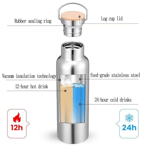 Thermo flask Stainless steel water bottles Vacuum Insulated Travel Tumbler Sport Water Bottle Metal for Hot and Cold Drinks Tea Flask Coffee Mug with Lid and Handle17 oz（Silver)
