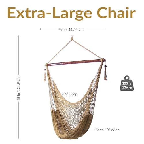 Sunnydaze Outdoor Hammock Chair Swing for Reading - Hanging Hammock Swing for Indoor or Patio - 300lb Capacity - Caribbean XL - Tan