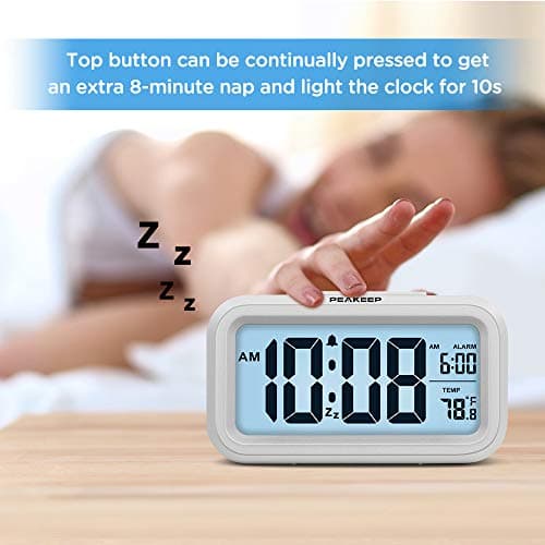Peakeep Night Light Digital Alarm Clock Battery Operated with Indoor Temperature, Desk Small Clock (White)