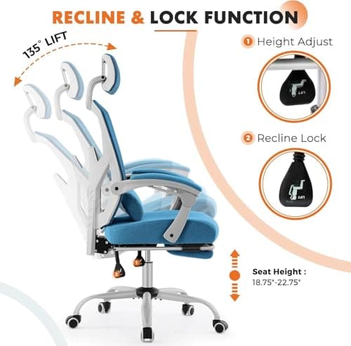 Sweetcrispy Office Computer Desk Chair with Footrest,Ergonomic High-Back Mesh Rolling Work Swivel Chairs with Wheels,Comfortable Lumbar Support,Comfy Arms for Home,Bedroom,Study,Student,Light Blue