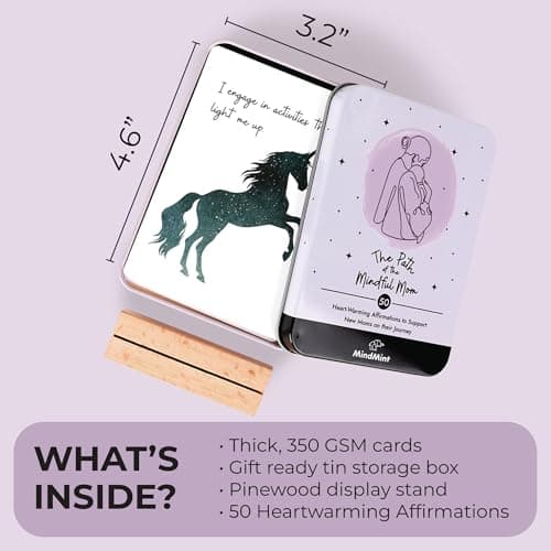 New Mom Affirmation Cards - 50 Postpartum Affirmation Cards for Women - Pregnancy & Self-Care Gifts for New Mom After Birth in Tin Box with Wooden Stand