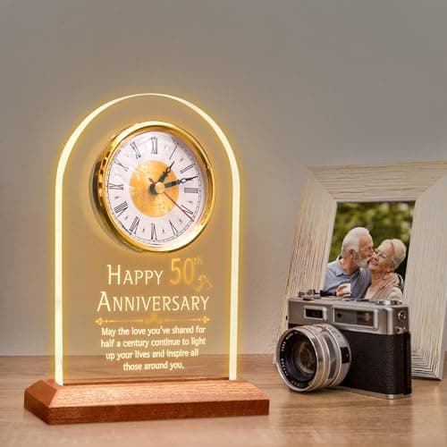 50th Anniversary Wedding Gift, Anniversary Quartz Clock, Desk Table Clock, 50 Years of Marriage, Golden Wedding for Couple, Parents, Grandparents (Wooden Base with LED Light)