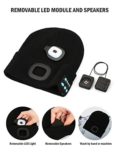 Bluetooth Hat with Light Cordless Headphones, USB Rechargeable, Hands-Free Headlamp For Dog Walking, Running, Outdoor Work Wmcaps Bluetooth Beanie with LED Light and Headphones, Christmas Tech Gifts B09DJVT3W3