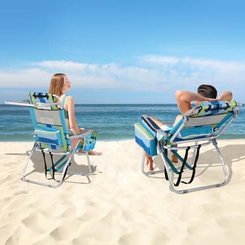 VINGLI Tall Beach Chair 2 Pack Lightweight, Backpack Beach Chair for Adults with 5-Position, Cooler Bag, Cup Holders, Towel Bar, Lightweight Folding Beach Camping Chairs (Blue/Green-16
