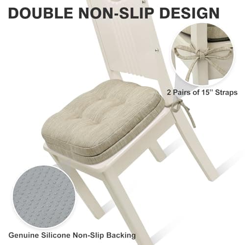 Shinnwa Dining Chair Cushions Set of 6, Dual-Layer Memory Foam Kitchen Chair Cushions, Patented Design Seat Pads with Ties, 16.5 x 16.5 x 3.5in, 6 Pack, Beige