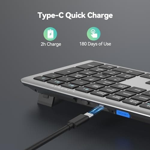 TECKNET Bluetooth Keyboard Rechargeable, 4-Device Free Switching (2.4G+BT), Ultra-Slim Full Size Wireless Keyboard, Quiet Typing, for PC/Laptop/Smart TV/Phone, Adjustable Stand, 12 Multimedia Keys