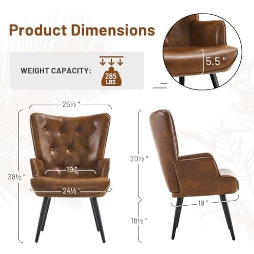 Furniliving PU Leather Accent Chair for Living Room, Upholstered Reading Chair with High Backrest, Tufted-Button Wingback Armchair for Bedroom, Dressing Room, Home Office, Brown
