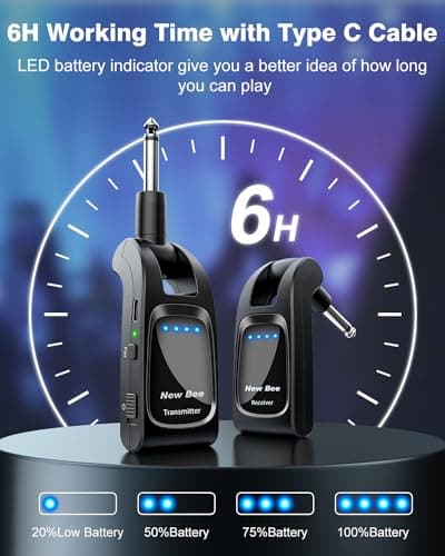 Wireless Guitar System 2.4 GHz with 6 Channels Rechargeable Audio Wireless Guitar Transmitter Receiver for Bass Electric Instruments