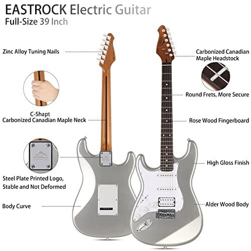 EASTROCK 39 inch Full-Size Electric Guitar Kit for Beginner Starter with 10w Amp, Bag, Capo, Shoulder Strap, String, Cable, Picks.(39" Left Handed, Silver Gray) Not Contain a Battery
