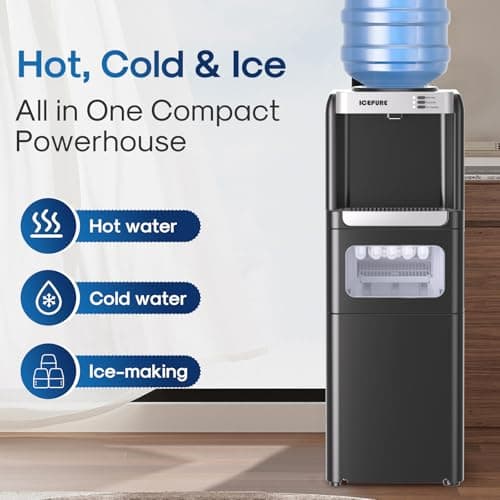 ICEPURE Water Cooler Dispenser with Build-in Ice Maker, Hot and Cold Water Dispenser with Bullet Ice Maker, 33lbs/24H, Child-Lock,Top Loading