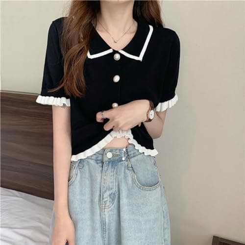 LREUIP Chic Korean Style Academy Style, Contrasting Navy Collar, Versatile Bubble Sleeve Shirt, Loose top, Elegant Goddess