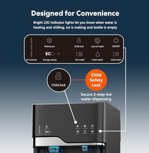Self Cleaning Hot and Cold Bottom Load Water Cooler Dispenser with Ice Maker 5 Gal Built-in Bullet Ice Maker 22lbs Daily Capacity Black
