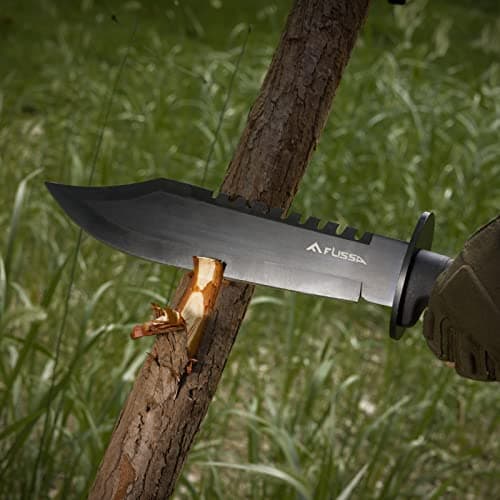 FLISSA Survival Hunting Knife with Sheath, 15-inch Full Tang Fixed Blade Tactical Bowie Knife with Sharpener & Fire Starter for Camping, Outdoor, Bushcraft
