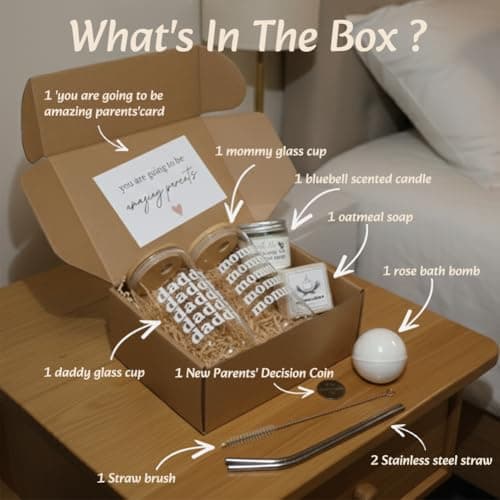New Parents Gifts for Couples, Mom and Dad to Be Gifts, Pregnancy Gift Basket for Expecting Parents, Baby Shower Gift Set with Mommy Daddy Glass Cups, Candle, Bath Bomb & Soap B0FVKXQS45