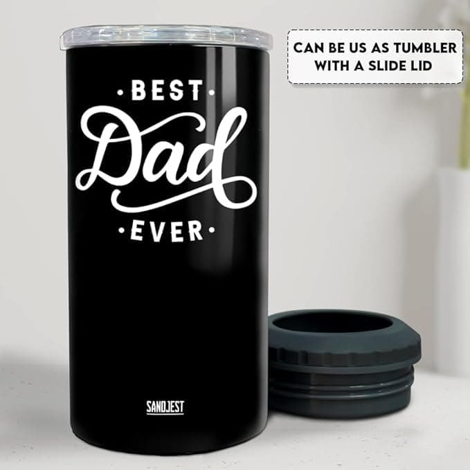SANDJEST 4-in-1 Best Dad Ever Tumbler Gifts for Dad from Daughter Son - 12oz Dad Can Cooler Tumblers Travel Mug Cup - Stainless Steel Insulated Cans Coozie Christmas, Birthday, Father's Day Gift
