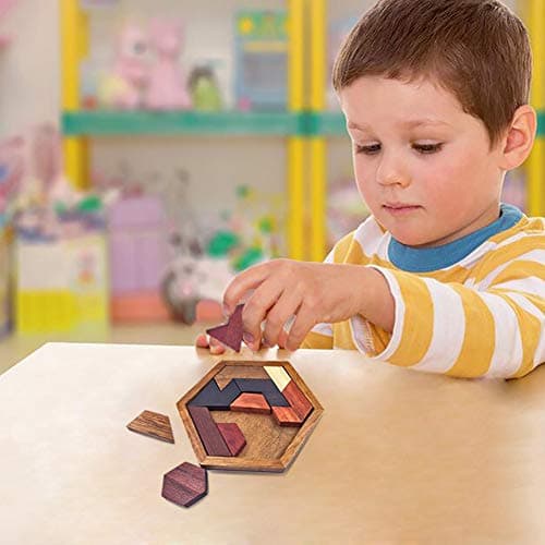KINGOU Hexagon Tangram Puzzle Wooden Brain Puzzles for Kids & Adult Challenge Wooden Brain Teasers Puzzle Games for Family Party Gift - Brain Games for Kids