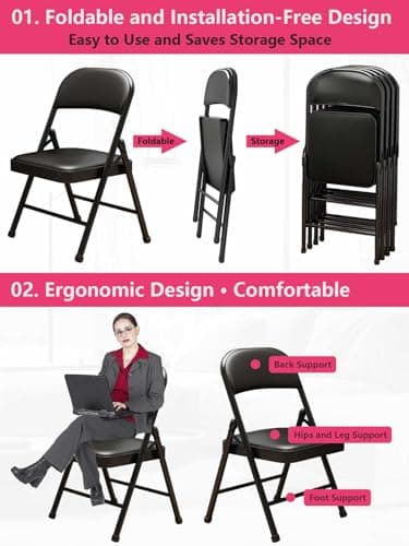 1 Pack Bulk Folding Chairs with Padded Cushion, Single Black Steel Metal Frame Foldable Chair for Indoor and Outdoor, Portable Stackable Commercial Seat for Bedroom Patio Party Event