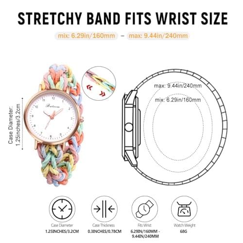 JewelryWe Womens Stretch Band Watches: Analog Quartz Elastic Watch Colorful Weave Rope Expansion Band Wristwatch for Valentine's Day