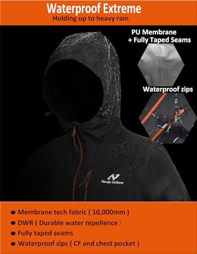 NORDIC OUTLAND Mens Lightweight Hooded Waterproof Rain Jacket Breathable Raincoat Shell for Outdoor Mountain Hiking