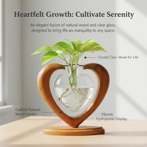Rooting Vase for Cuttings, Plant Terrarium, Air Plant Holder, Plant Lovers Mom Wife Gift Home Office Christmas Tabletop Decor Plant Propagation Station, Heart Glass Vase, Solid Wooden Stand B0GL1XT2S7