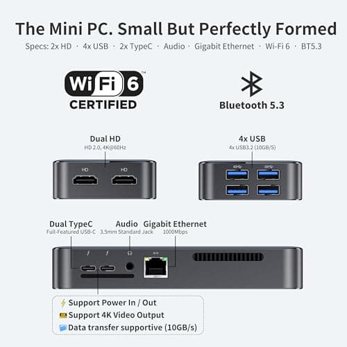 DreamQuest Mini Plus Mini PC Windows 11 Pro Preloaded, Intel N95 (Up to 3.4GHz)12GB DDR5 512GB SSD Mini Desktop Computers , 2*USB C, 2*HDMI, 4*USB 3.2, LAN,WiFi 6, Bluetooth5.3, Support 4K 60Hz