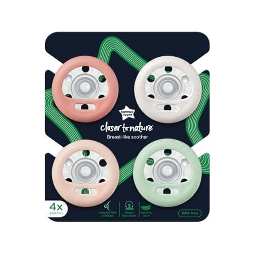 Tommee Tippee Breast-Like Pacifier, 0-6 Months, Symmetrical Design, Natural Breast-Like Baglet, BPA-Free Binkies, Rose/Green/Cream, Pack of 4