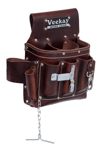 VEEKAY Electrician's Leather Tool Pouch – 10 Pocket Full Grain Leather Organizer for Electricians, Carpenters & Construction Workers – Durable, Heavy-Duty Utility Pouch (Brown/Black)