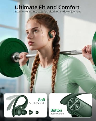 PocBuds Bluetooth Headphones Wireless Earbuds 80hrs Playtime Wireless Charging Case Digital Display Sports Ear Buds with Earhook Deep Bass IPX7 Waterproof Over-Ear Earphones for TV Phone Laptop Olive