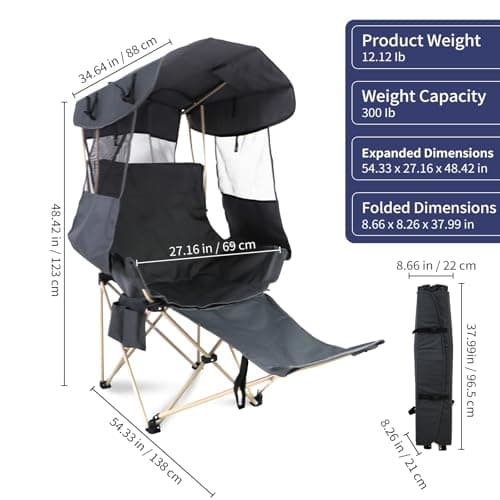 Folding Camping Chairs Canopy Outdoor: Sports Portable Beach Chair with Canopy-Lawn Beach Chairs with Umbrella for Adults-Camping Chair with Shade for Fishing Camp Heavy Duty (Casual, Grey)