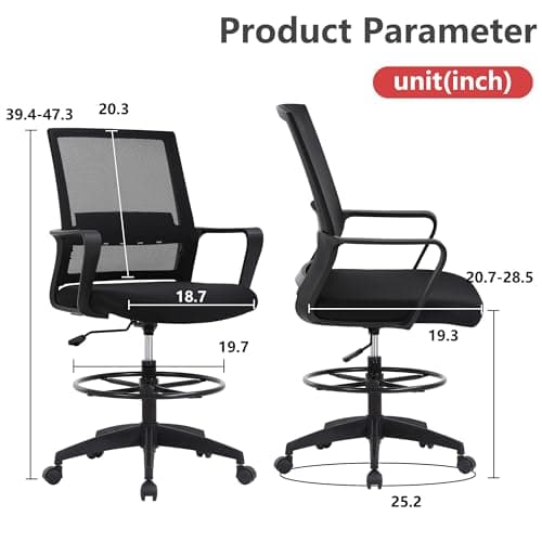 BestOffice Drafting Chair Tall Office Chair Adjustable Swivel Rolling Mesh Height with Lumbar Support Arms Footrest Mid Back for Adults Standing Desk Drafting Stool(Black)