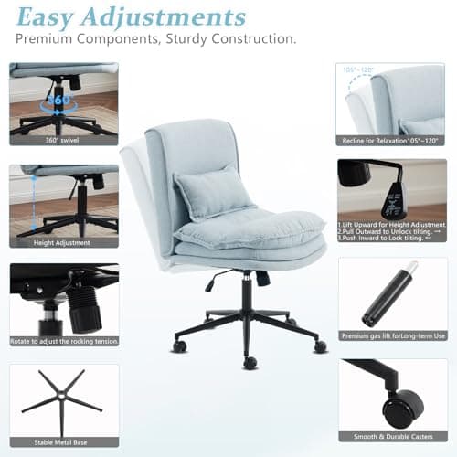 VINGLI Cloud Criss Cross Legged Chair,18" High Back Armless Home Office Desk Chair with Wheels,Wide Adjustable Comfy Padded Seat Task Computer Chair,Modern Swivel Makeup Vanity Chair,Fabric,Blue