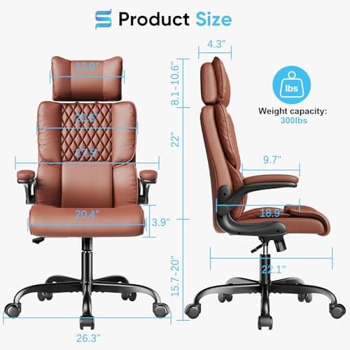 Sytas Executive Office Ergonomic Chair with Adjustable Headrest, PU Leather Desk Chair, High-Back Swivel Task Chair for Home Office, 135° Reclining, Brown