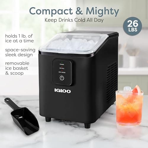 Igloo Portable Ice Maker with Scoop & Basket- Ice Maker with LED Control Panel & 1.5 Quart Water Tank-Ice Cube Maker Produces 26 Lbs. of Ice in 24 Hours With 8 Large or Small Cubes In 7 Minutes- Black