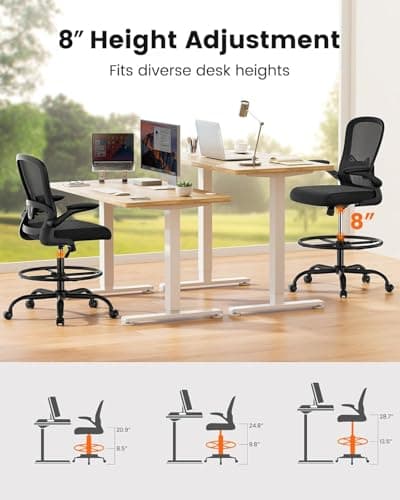 ErGear Drafting Chair, Standing Desk Chair with Flip-Up Armrests, High Desk Chair Adjustable Height, Ergonomic Tall Office Chair with Lumbar Support and Adjustable Footrest Ring