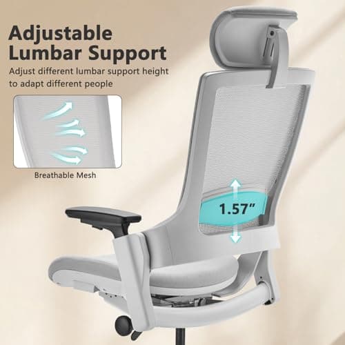 CLATINA Ergonomic High Swivel Executive Chair with Adjustable Height Head 3D Arm Rest Lumbar Support and Upholstered Back for Home Office Gray Mesh/High Back