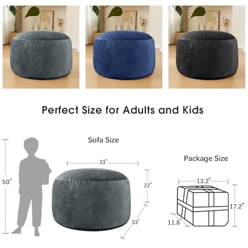 3 Feet Bean Bag Chair - BeanBag Chairs for Adults, Living Room Furniture Sofa with Soft Micro Fiber Cover, Round Fluffy Couch for Bedroom College Dorm - Grey