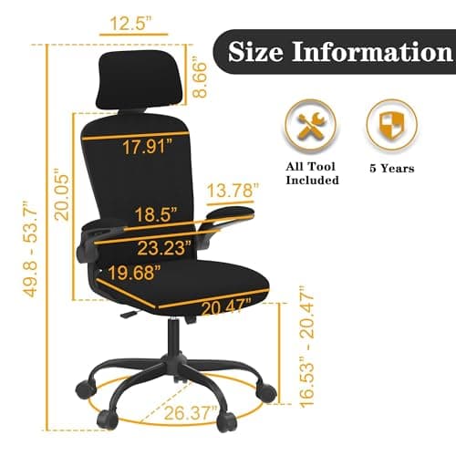 Ergonomic Office Chair for Long Hours Sitting – Back & Neck Pain Relief, Adjustable Lumbar Support & Headrest, High-Density Foam Seat, Ideal for Work & Home Office, Black