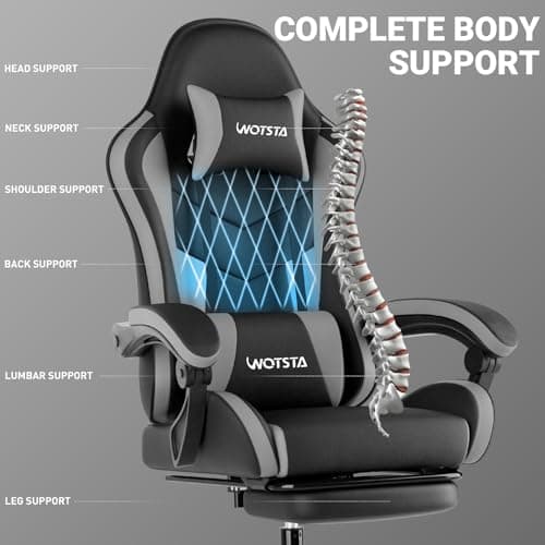 Gaming Chair with Footrest, Ergonomic Gaming Chair, Computer Chair with Lumbar Support, Headrest, Height Adjustable PC Chairs with 360° Swivel Seat for Office or Gaming BlackGrey