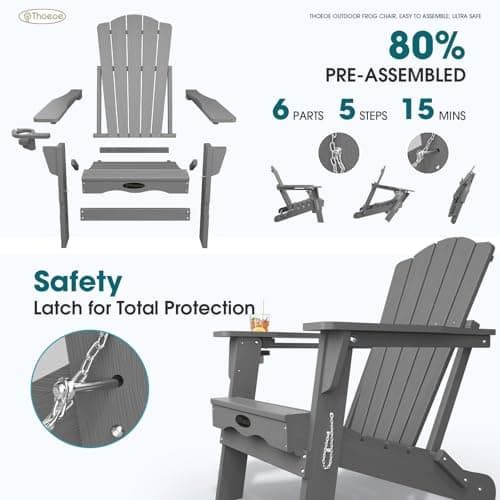 THOEOE Folding Adirondack Chair,HDPE All-Weather Outdoor Chair with Cup Holder,Wooden Textured,Fire Pit Chair,Plastic Patio Chair for Deck,Backyard,Garden,Lawn, Grey