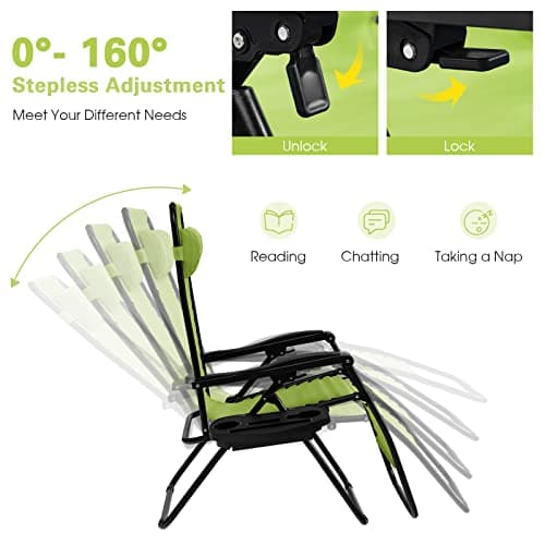Goplus Zero Gravity Lounge Chairs, 160°Adjustable Folding Recliner w/Pillow and Cup Holder, 350LBS Comfy Outdoor Lounge Chairs for Patio, Lawn, Yard & Camp(Set of 2, Green)