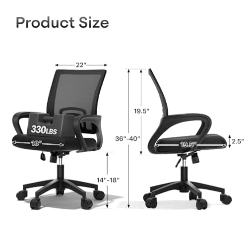 Ergonomic Office Chair - 330Lbs, Breathable Mesh Computer Desk Chair with Lumbar Support & Armrest, Rolling Swivel Adjustable Tilt Lock for Home Office/Gaming, Bedroom Study