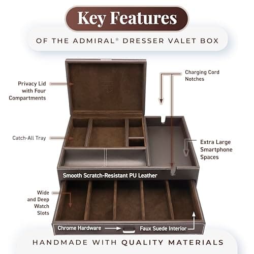 Mens Watch Box Leather Valet Tray - Bedside Table Organizer, Men's Jewelry Box, Watch Case for Men with Large Smartphone Charging Station - Jewelry Box for Men with Valet Box and Nightstand Organizer